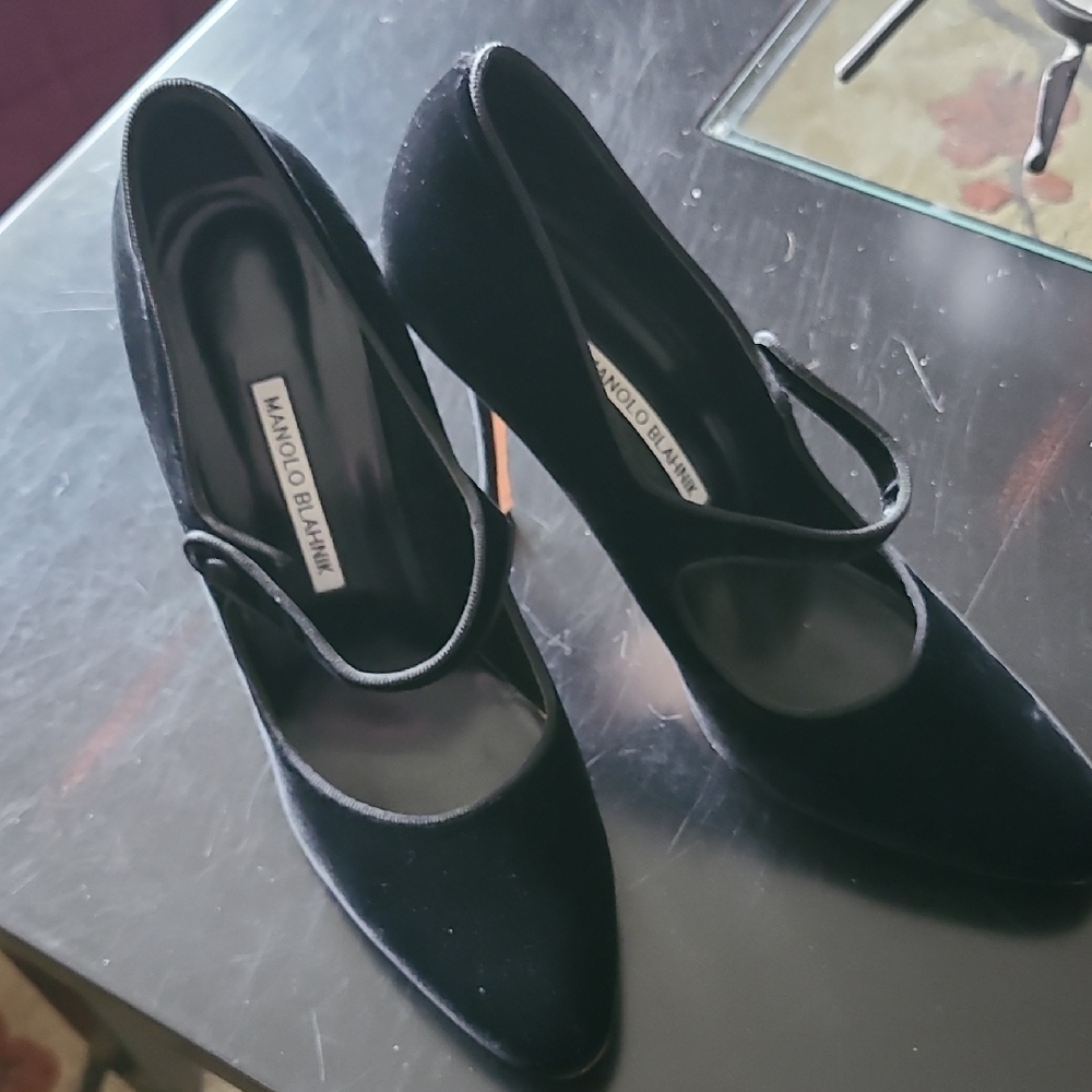 Manolo Blahnik Campari Black Velvet Mary Jane Pumps